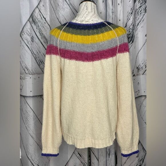Anthropologie Cream Pullover Sweater Striped Trim Size M - Picture 2 of 8
